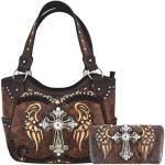 WESTERN STYLE RHINESTONE CROSS STUDDED LASER CUT WINGS TOOLED LEATHER PURSE