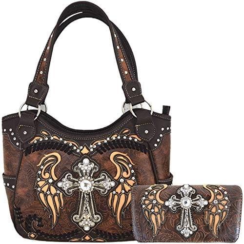 WESTERN STYLE RHINESTONE CROSS STUDDED LASER CUT WINGS TOOLED LEATHER PURSE