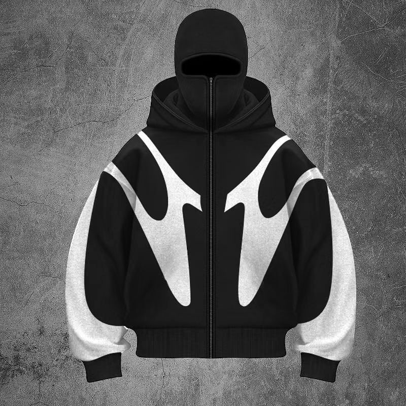 Heavy Cotton Mens Patchwork Hoodie Double Layered Masked Full Balaclava Zip Hoodies