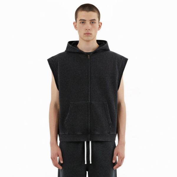Retro Winter Washed Stir Fried Snowflake Distressed Effect Zipper Loose Edge Shoulder Mouse Bag Heavyweight Hoodie Hooded Vest