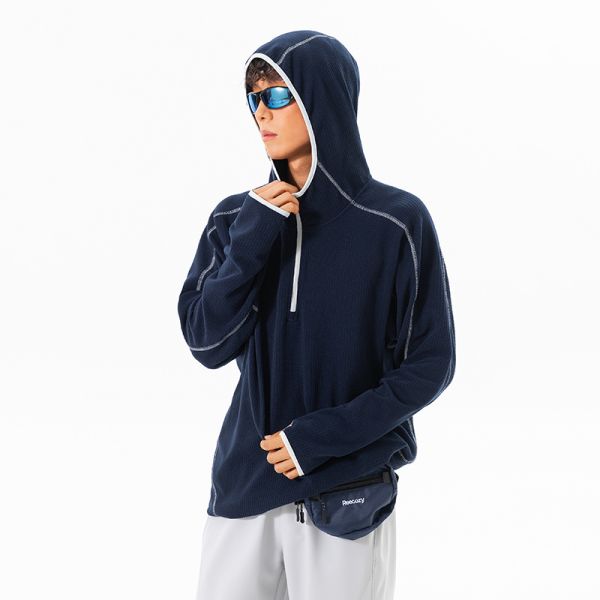Custom OEM ODM Half Zip Hooded Thermal Pullover, Constant Temperature Warm Grid Outdoor Fleece Top, Custom Logo & Fabric Supported