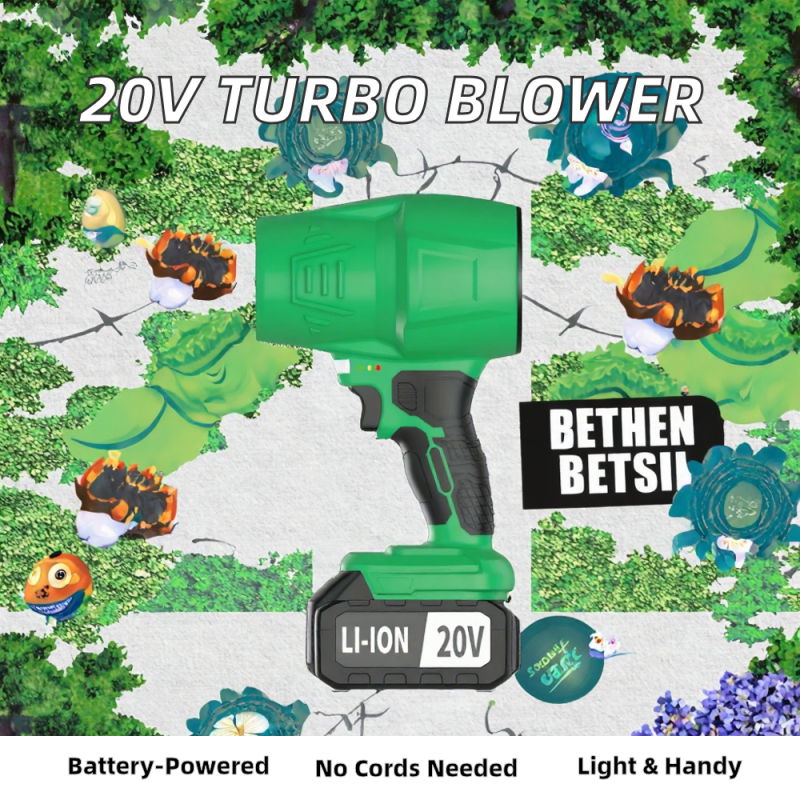 The 20V Cordless Mini Leaf Blower Features ABS+PC Material, Green Design, and a 4.0 Ah Battery Capacity.