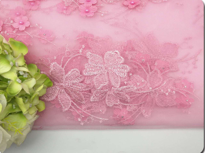 Polyester 3D flower embroidered Lace fabric with bead for women garments
