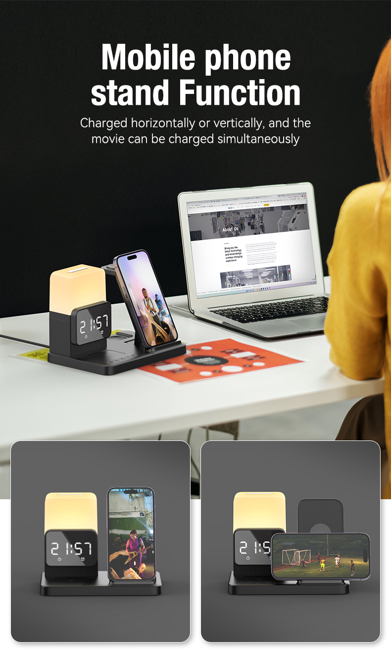 6 in 1 Magnetic Wireless Charger with LED Night Light and Clock Output 5W/7.5W/10W/15W ABS PC Material