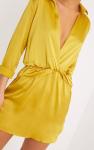Women Long Sleeve Dark Lime Twist Front Silky Shirt Dress With Deep V Neck
