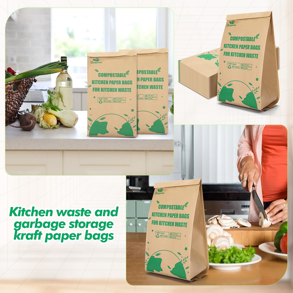 100% Biodegradable Square Bottom Kraft Paper Garbage Bags for Food Waste 50 Lb Capacity