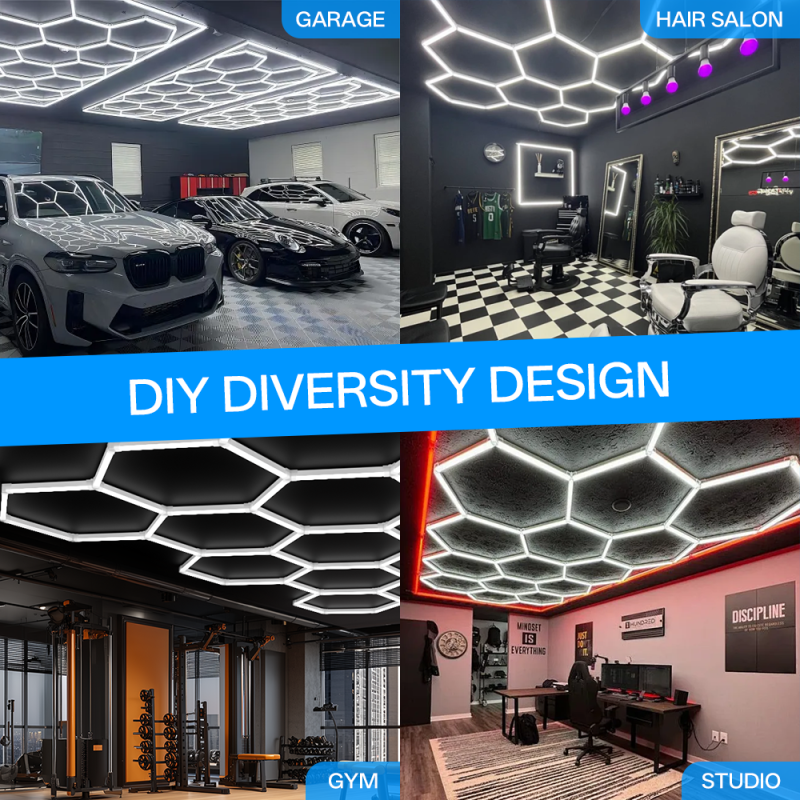 340W LED Hexagonal Light Connectable Modular Honeycomb Panels Ceiling Lighting System Designed for Garage Gym Workshop and Office