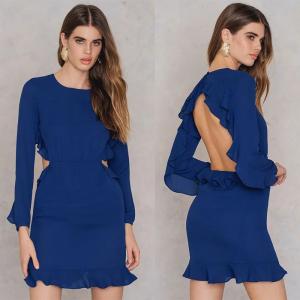 China Latest Ruffle Open Back Design Blue Formal Dresses Women wholesale