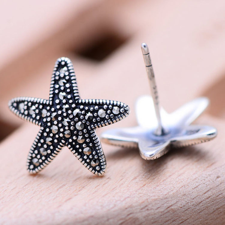 Starfish Design Thai 925 Silver Earrings Pave Marcastie Retro Women Jewelry（028249）