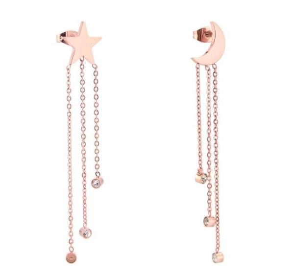 Sun Moon Shape Stud Earrings, Diamond Tassel Drop 316 Stainless Steel Women