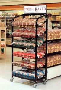 China Food & bread 5 layer adjust black powder coat retail metal shelf metal display rack with wheels wholesale