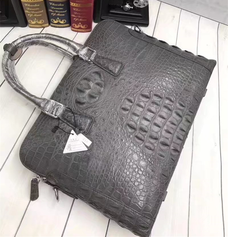 Genuine Crocodile Skin Men's Gray Laptop Briefcase Handbag Authentic Real Alligator Leather Businessmen Working Totes
