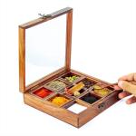 8" Wooden Handcrafted Multi-Compartment Square Storage Box | Kitchen Ware Jar