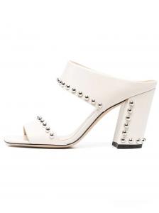 China White Lambskin Ladies Block Heel Sandals Metallic Dome Rubber Outsole wholesale