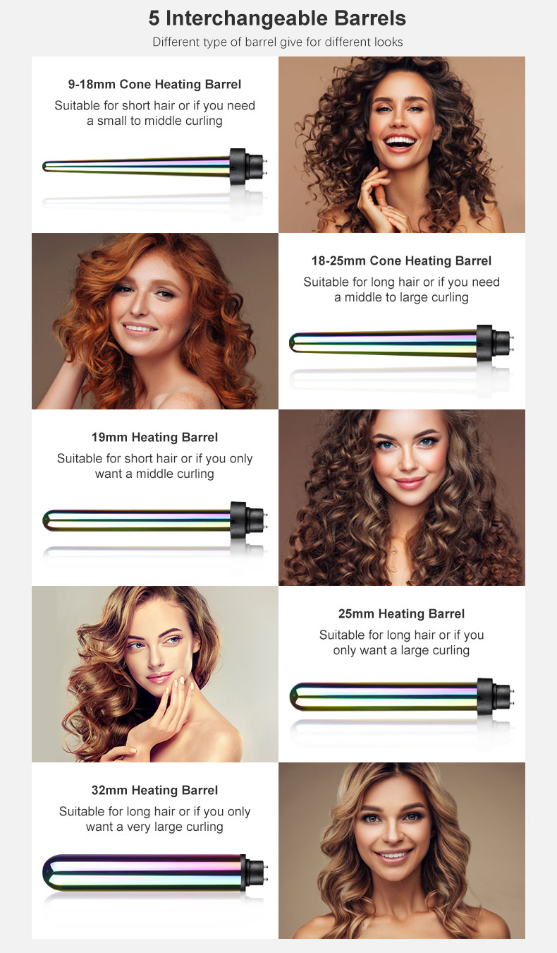 LCD Heat Display Interchangeable Curling Iron Set Beach Waves 5 In 1