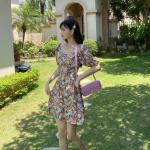 Floral Painting Print A Line Puff Sleeve Mini Dress Leisure Holiday Style