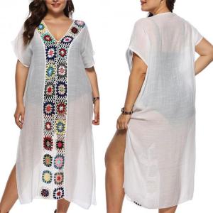 China Women white see-through beach kimono style maxi dress with flower print wholesale