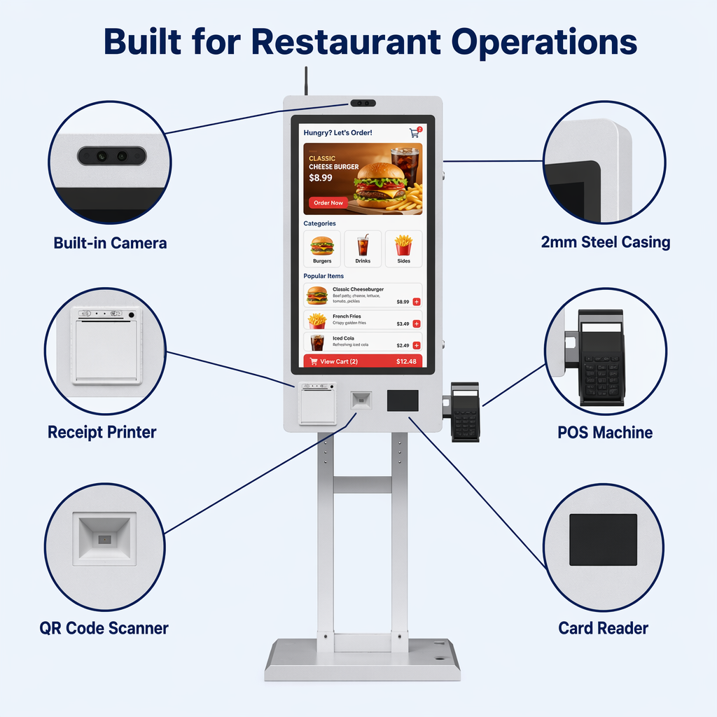 Wall Mount or Floor Stand Touch Screen Self Service Ordering Payment Kiosk with Receipt Printer and QR Scanner for Restaurant