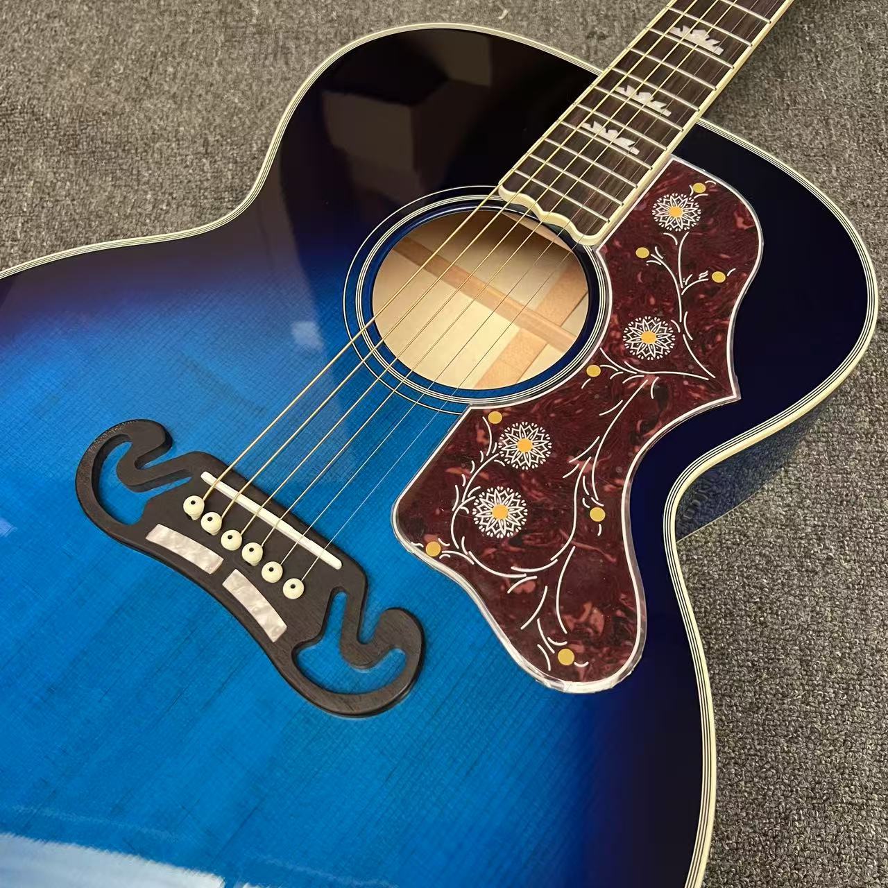 Custom Flamed Maple Back Side 43 Inch Jumbo Acoustic Guitar with Abalone Inlay in Blue Sunburst