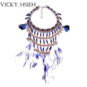 China VICKY.HSIEH Fashion Rhodium Tone Fabric Wrapped Chain Feather Tassel Statement Choker Necklace wholesale