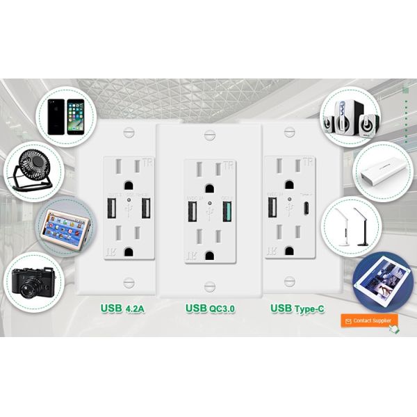 15A USB Wall Outlet 5.0A Fast Charging Tamper Resistant IntelliChip Socket Module Unit
