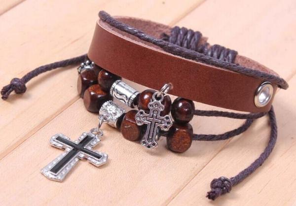 Retro jewelry cross beaded bracelet explosion models woven leather bracelet
