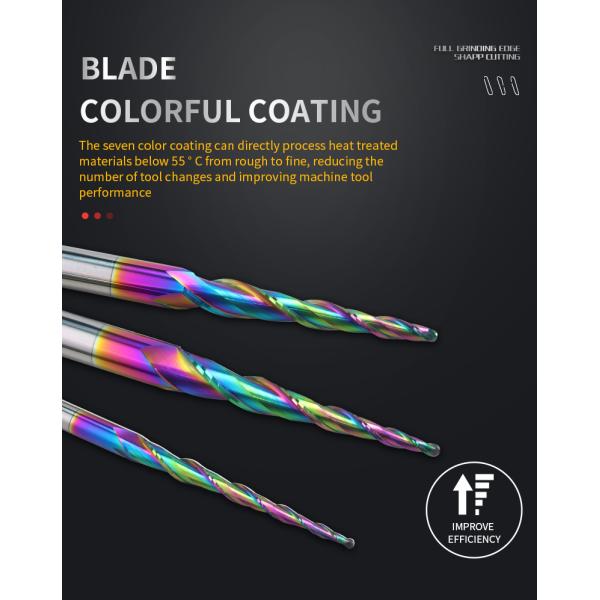 New Model Multicolor Coating 2 Flutes Taper Ball Nose DLC HRC55 Solid Carbide End Mills for Wood Carving Tooling Cutter Used