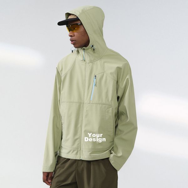 Men Hooded Soft Shell Hiking Jacket, Windproof Water Repellent Fleece Lined Outdoor Coat, OEM Custom Logo & Private Label