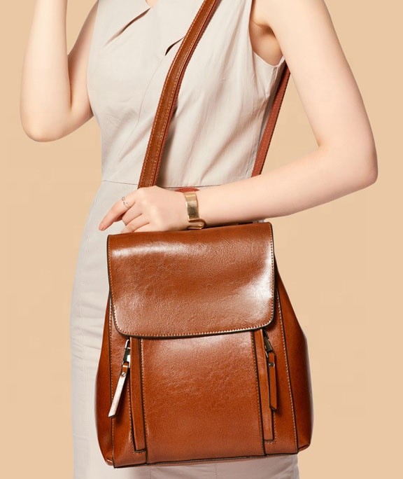 Fast Delivery New Fashion Oil Wax Real Leather Student Women Backpack Bag