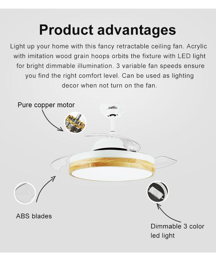 Elegant 42 Inch Chandelier Hidden Blade Ceiling Fan with 2- and Dimmer Compatibility