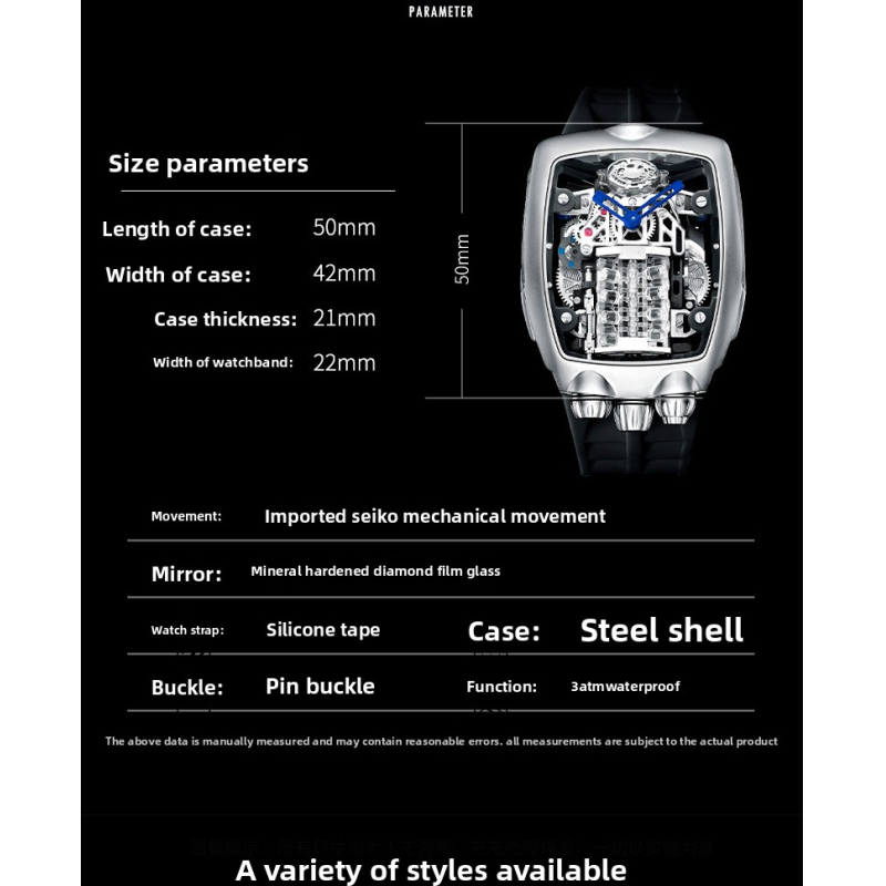 OBLVLO Bugatti‑Inspired V16 Engine Skeleton Automatic Watch, Men’s Tonneau‑Shaped Thick Mechanical Wrist Watch