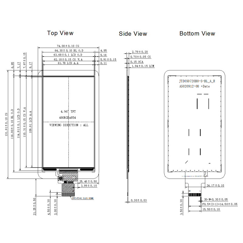 4.96 Inch PDA IPS TFT LCD Panel 480x854 Resolution MIPI Interface High Brightness