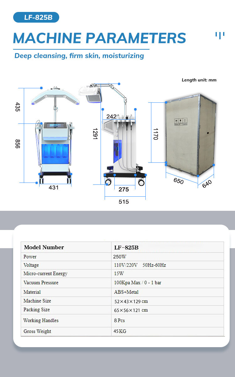 LF-825B 8 in 1 Multifunction Hydro Microdermabrasion Machine, Oxygen Facial Machine, PDT LED Beauty Salon Equipme