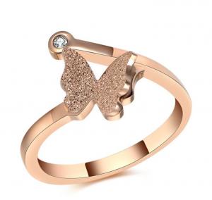 China Rose Gold Butterfly Rings for Girl Diamond Finger Ring for Lady Stainless Steel Frosted Gold Ring wholesale
