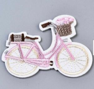 China Pink Bicycle Embroidered Patch Iron On Backing twill fabric For Clothing wholesale