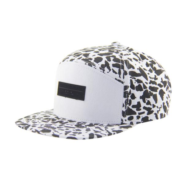 Fashion Allover Print 5 Panel Camp Caps With Leather Patch Embossed Logo On