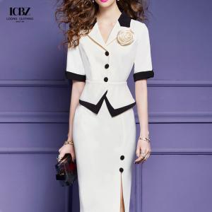 China Women's Long Vintage Black and White Two-Piece Skirt Pant Coat Suit for Formal Office on sale