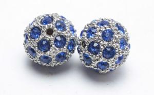 China Blue Crystal Pave Rhodium Plated Alloy Beads 12mm Pave Crystal Ball Beads AL13103 wholesale
