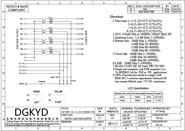 DGKYD111Q334AB2A2DP057 RJ45 Gigabit Ethernet Filter Single Port Network Connector POE With Light Strip Shield 10P8C