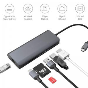 China Multi-function USB Type-C Hub Adapter Card Reader Multiport USB-C HUB Converter Dual USB3.0/SD Card Slot/RJ45 PD/ 4K on sale
