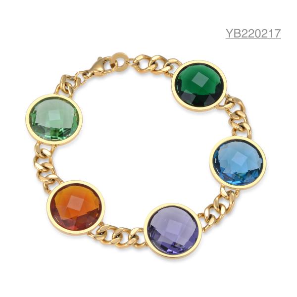 Five Color Large Rhinestone Stainless Steel Bangle Thick Gold Chain Link