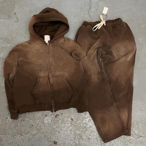 Stylish Men's Cotton Zipped Destroyed Sun Faded Hoodie and Sweatpants Set for