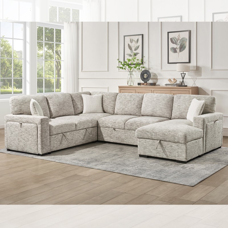 U-Shaped Sectional Sleeper Sofa with Pull Out Bed and Dropdown Table and Storage Chaise Lounge and Storage Loveseat and Cup holders, Beige Fabric