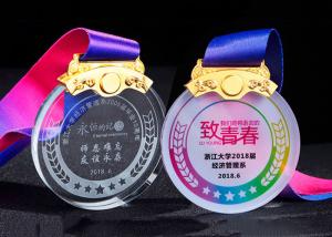 China Students Crystal Custom Sports Medals Sand Blasting Texts With Color Printing Ribbon wholesale