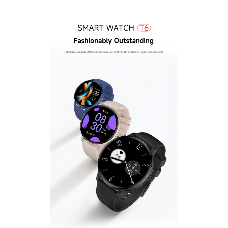 The smartwatch T6 is thin, light, fashionable, Bluetooth call, multi-functional sports watch, and a health monitoring voice assistant