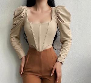China Small Order Clothing Manufacturers Vintage Square Neck Long Puff Sleeve Boning Tunic Cropped Top wholesale