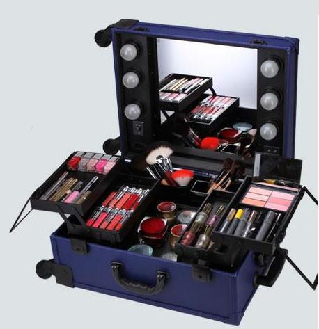 Professional Waterproof Makeup Trolley Cosmetic Case With Lighted Mirror KL
