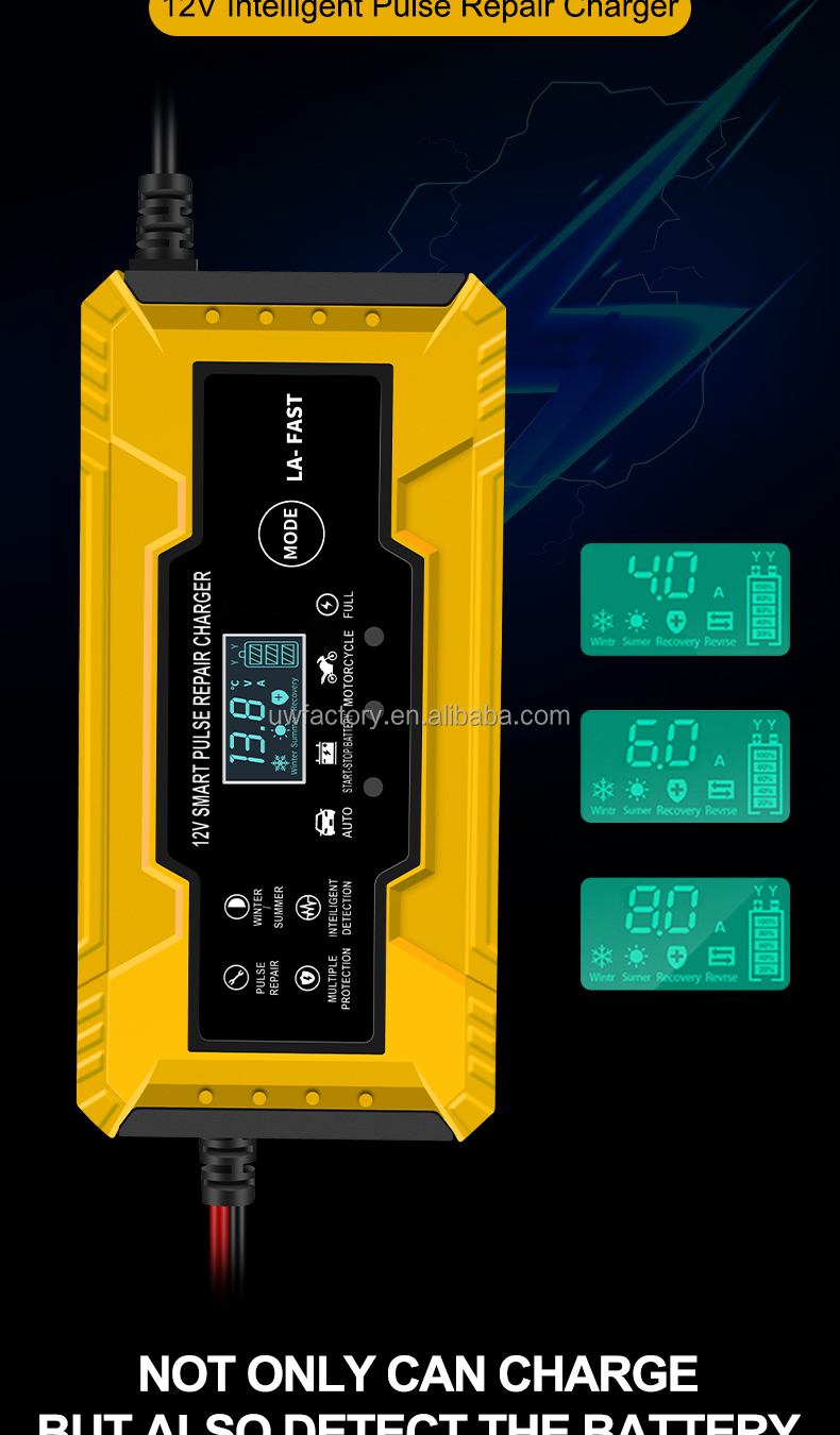 Connector Current Protection Fully Automatic Direct Automatic Motorcycle Car Battery Charger 12V8A 6A with LCD Display EU US