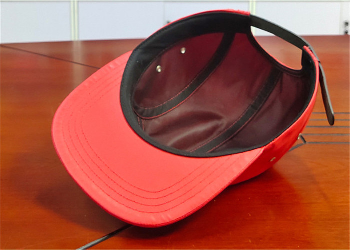 Red Camper Flat Brim Leather Fabric Cap 5 Panels