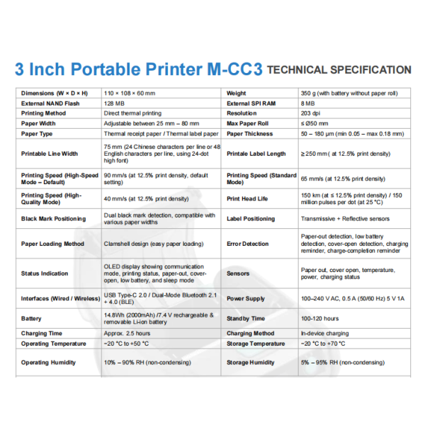 M-CC3 3 Inch Portable Printer Supports Remote Firmware Updates
